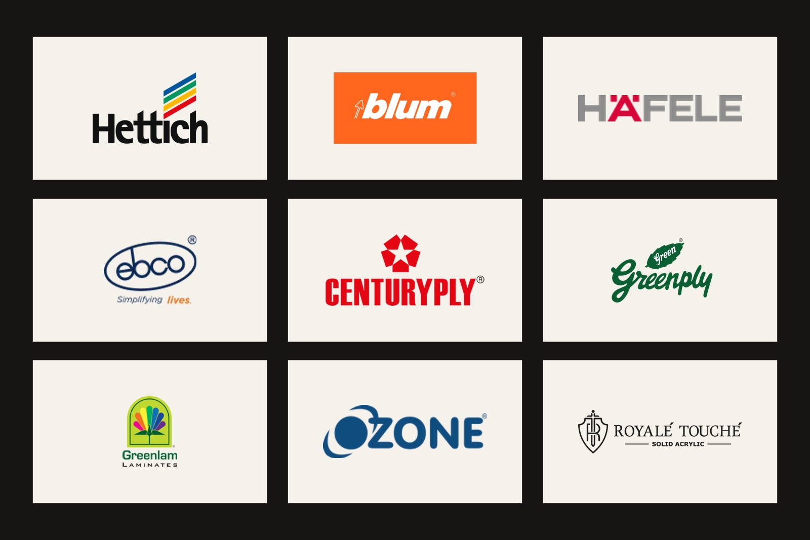 Trusted material brand partners including Hettich, Blum, Häfele, Century Ply and Greenlam