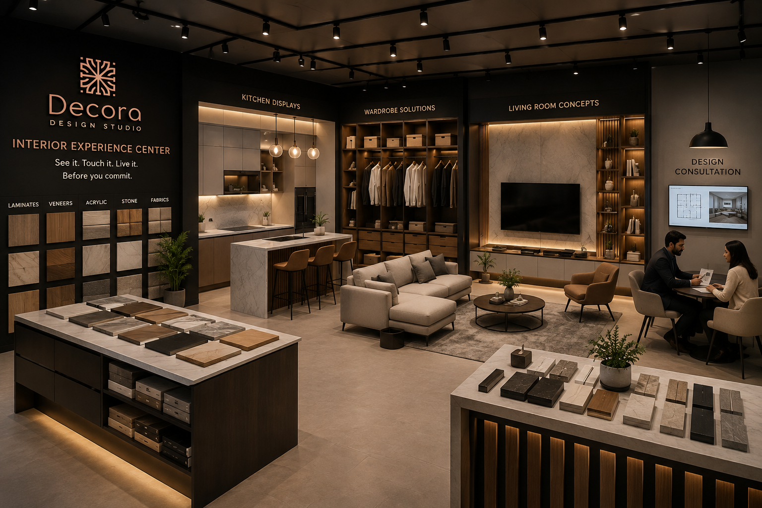 Decora Interior Experience Center with kitchen, wardrobe, living displays and material library