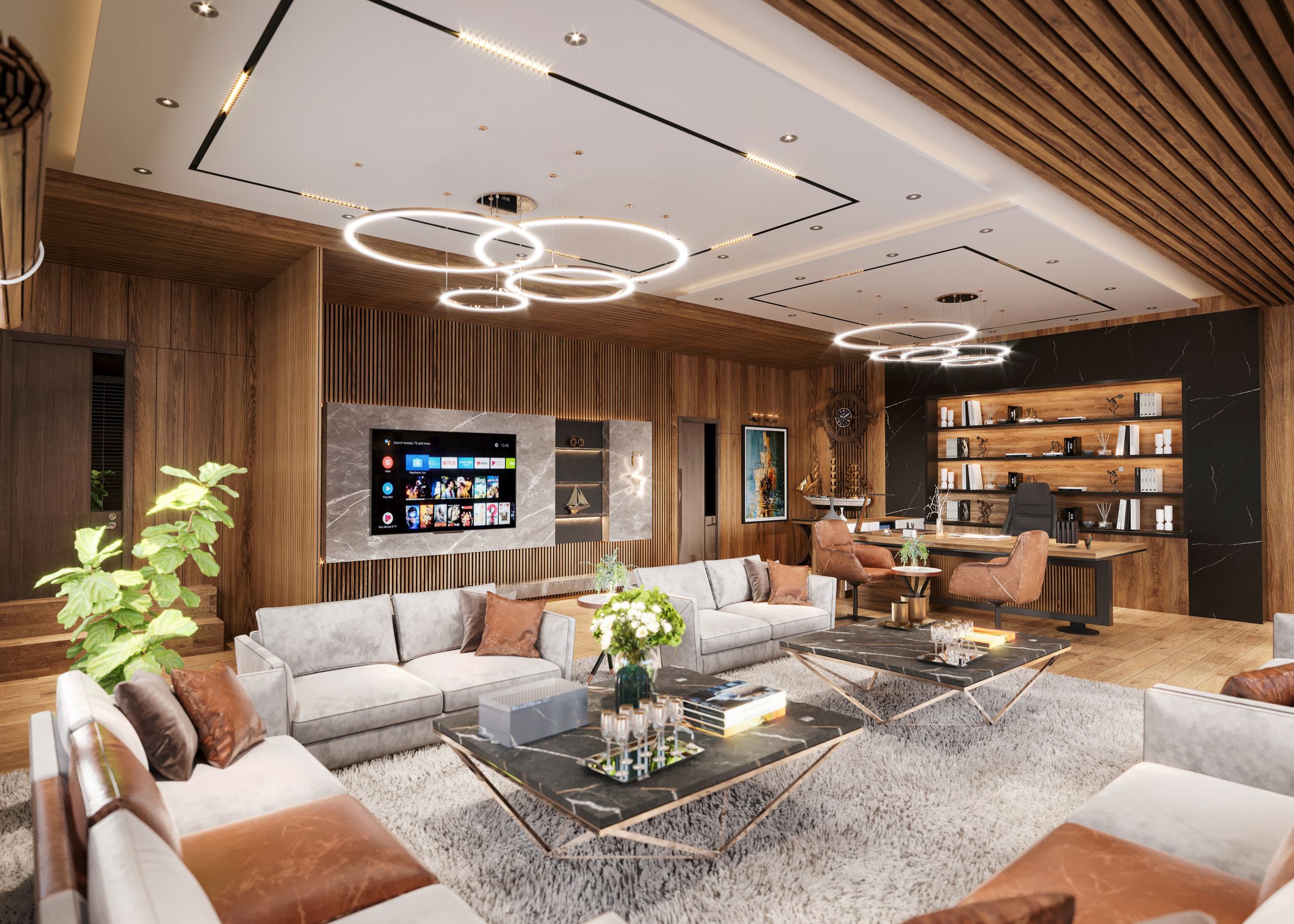 Premium experience-center lounge with wood paneling, marble, and modern seating